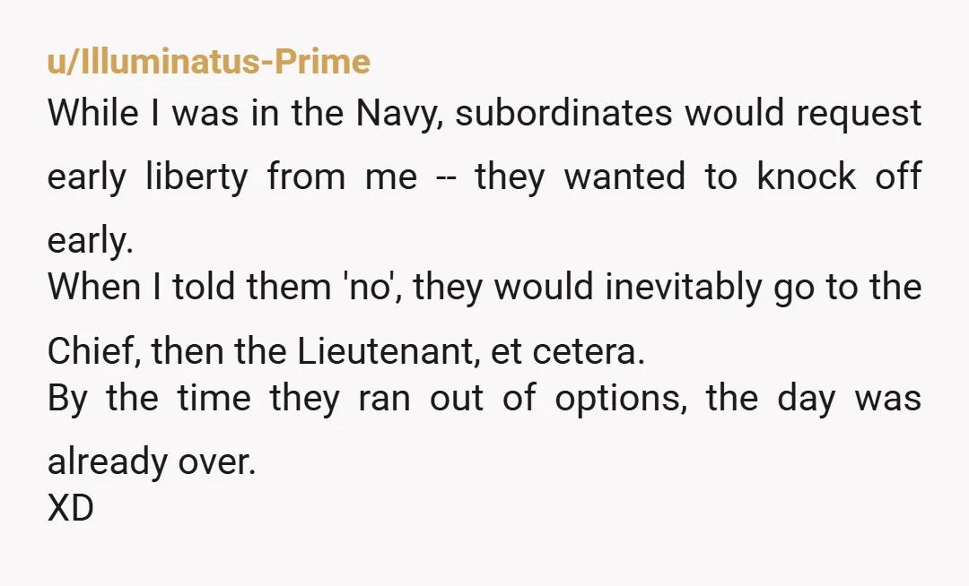 u/Illuminatus-Prime While I was in the Navy, subordinates would request early liberty from me -- they wanted to knock off early. When I told them 'no', they would inevitably go...