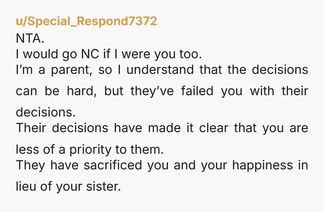 u/Special_Respond7372 NTA. I would go NC if I were you too. I’m a parent, so I understand that the decisions can be hard, but they’ve failed you with their decisions....