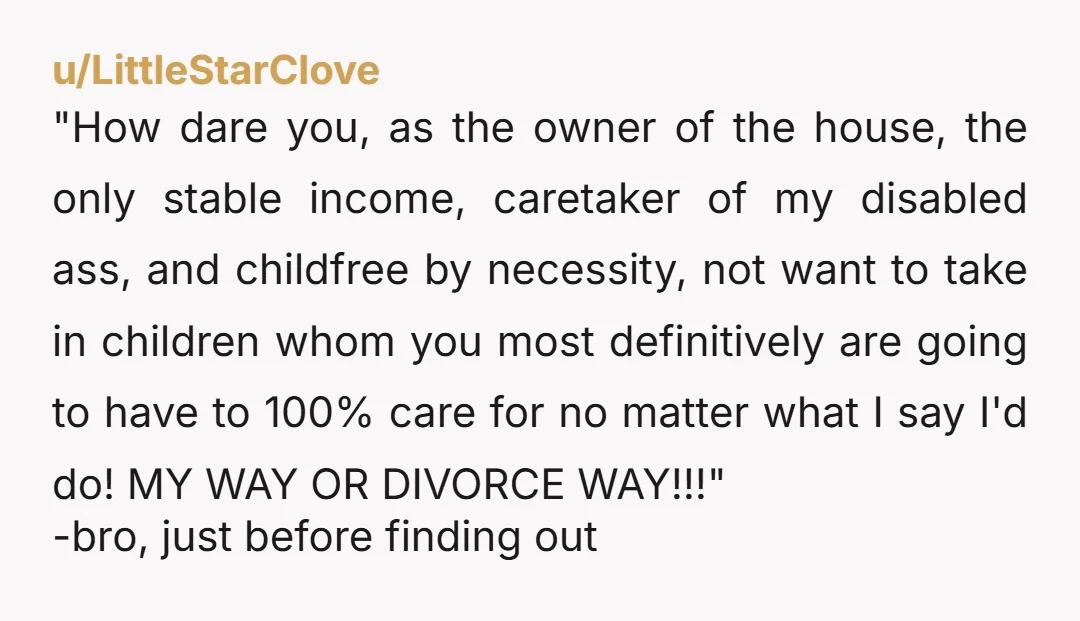 u/LittleStarClove "How dare you, as the owner of the house, the only stable income, caretaker of my disabled ass, and childfree by necessity, not want to take in children whom...