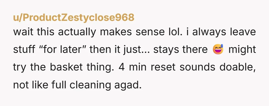 u/ProductZestyclose968 wait this actually makes sense lol. i always leave stuff “for later” then it just… stays there 😅 might try the basket thing. 4 min reset sounds doable, not...