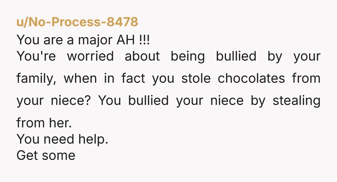 u/No-Process-8478 You are a major AH !!! You're worried about being bullied by your family, when in fact you stole chocolates from your niece? You bullied your niece by stealing...