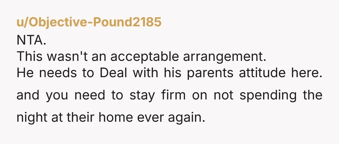 u/Objective-Pound2185 NTA. This wasn't an acceptable arrangement. He needs to Deal with his parents attitude here. and you need to stay firm on not spending the night at their home...