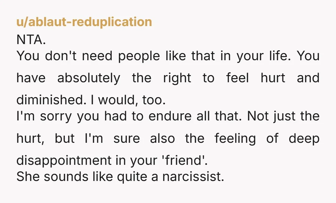 u/ablaut-reduplication NTA. You don't need people like that in your life. You have absolutely the right to feel hurt and diminished. I would, too. I'm sorry you had to endure...