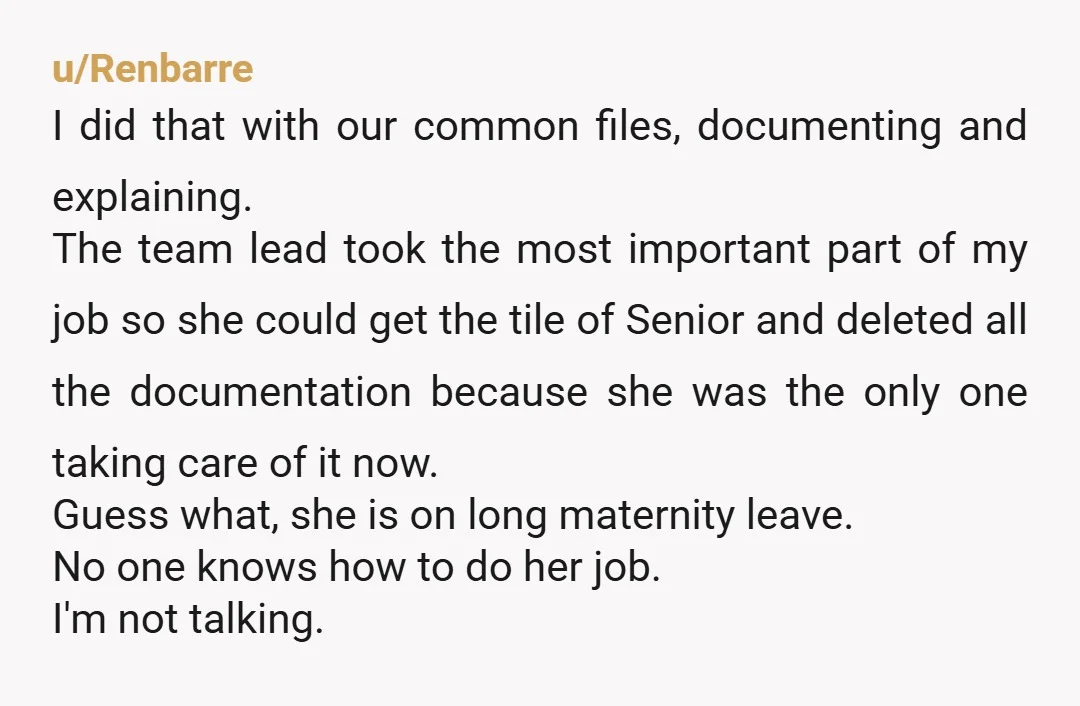 u/Renbarre I did that with our common files, documenting and explaining. The team lead took the most important part of my job so she could get the tile of Senior...