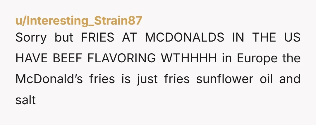 u/Interesting_Strain87 Sorry but FRIES AT MCDONALDS IN THE US HAVE BEEF FLAVORING WTHHHH in Europe the McDonald’s fries is just fries sunflower oil and salt
