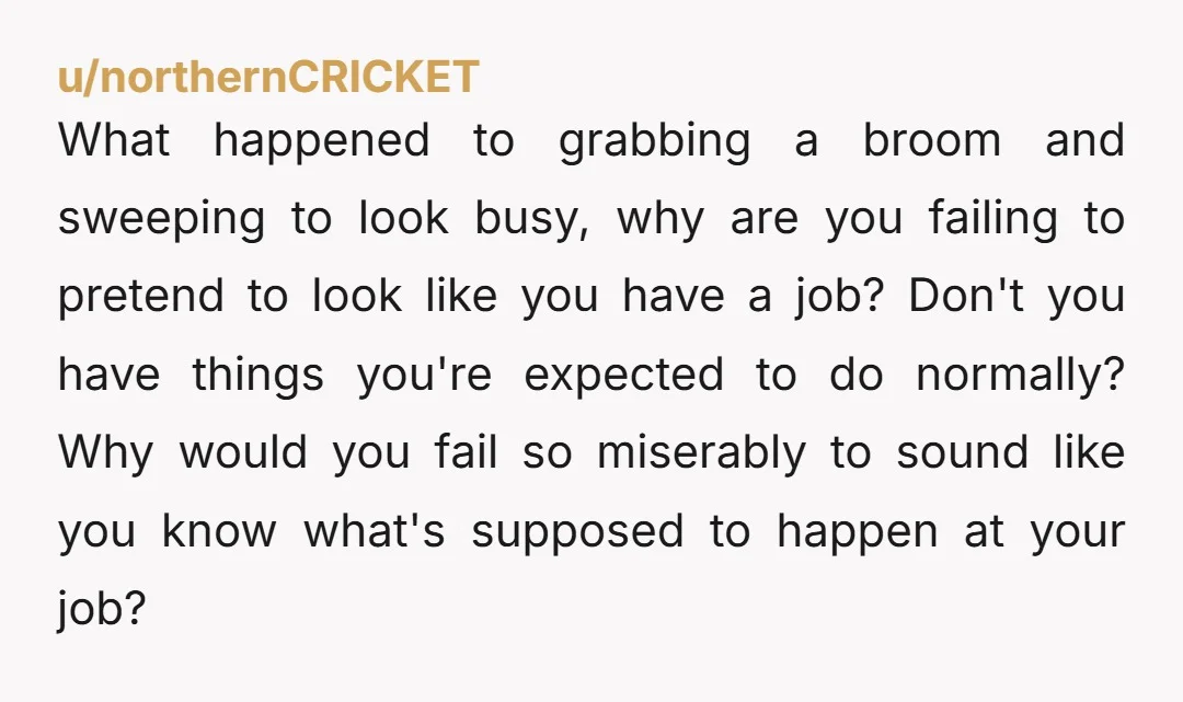 u/northernCRICKET What happened to grabbing a broom and sweeping to look busy, why are you failing to pretend to look like you have a job? Don't you have things you're...