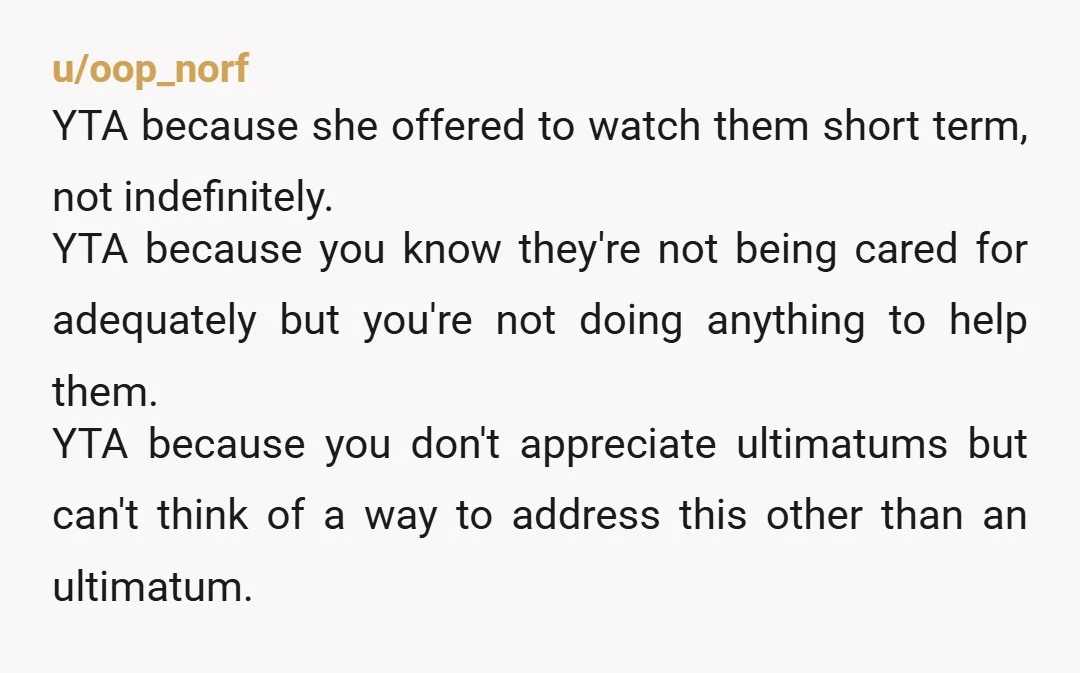 u/oop_norf YTA because she offered to watch them short term, not indefinitely.  YTA because you know they're not being cared for adequately but you're not doing anything to help them. ...