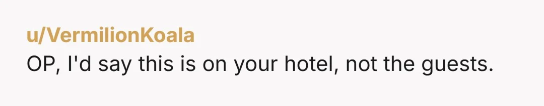 u/VermilionKoala OP, I'd say this is on your hotel, not the guests.