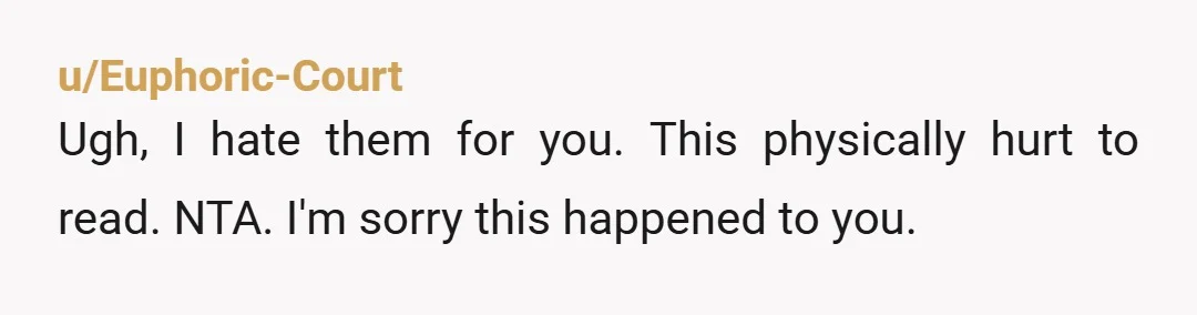 u/Euphoric-Court Ugh, I hate them for you. This physically hurt to read. NTA. I'm sorry this happened to you.