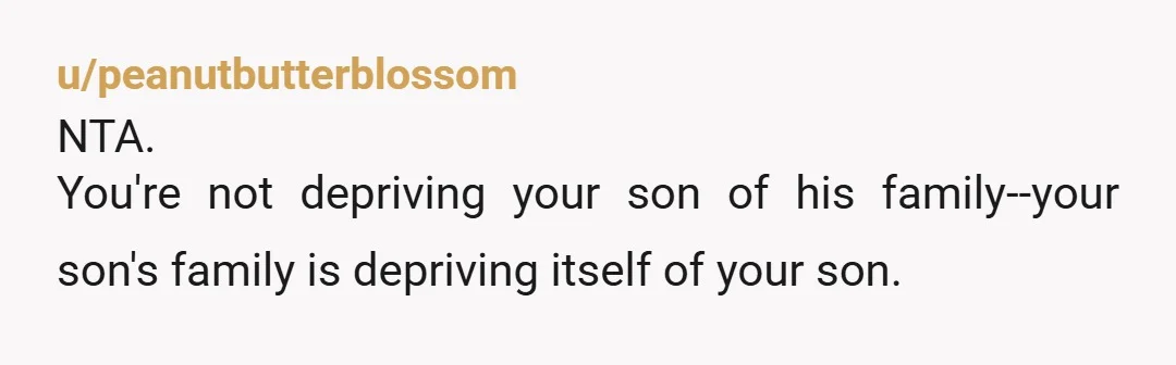 u/peanutbutterblossom
NTA.
You're not depriving your son of his family--your son's family is depriving itself of your son.