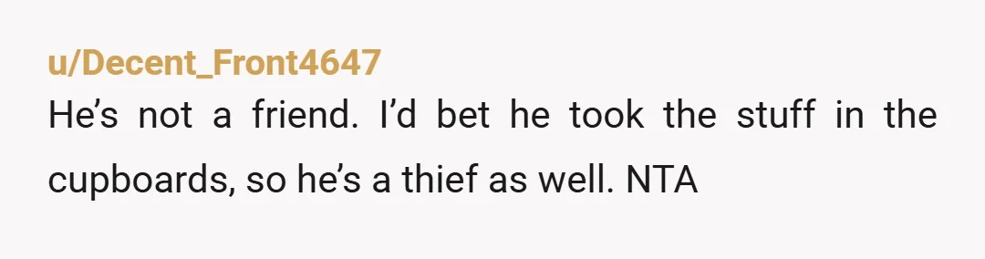 u/Decent_Front4647 He’s not a friend. I’d bet he took the stuff in the cupboards, so he’s a thief as well. NTA