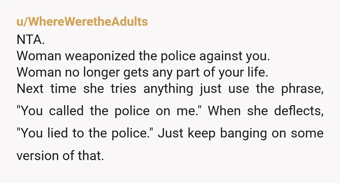 u/WhereWeretheAdults NTA. Woman weaponized the police against you. Woman no longer gets any part of your life. Next time she tries anything just use the phrase, "You called the police...
