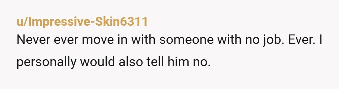u/Impressive-Skin6311
Never ever move in with someone with no job. Ever. I personally would also tell him no.