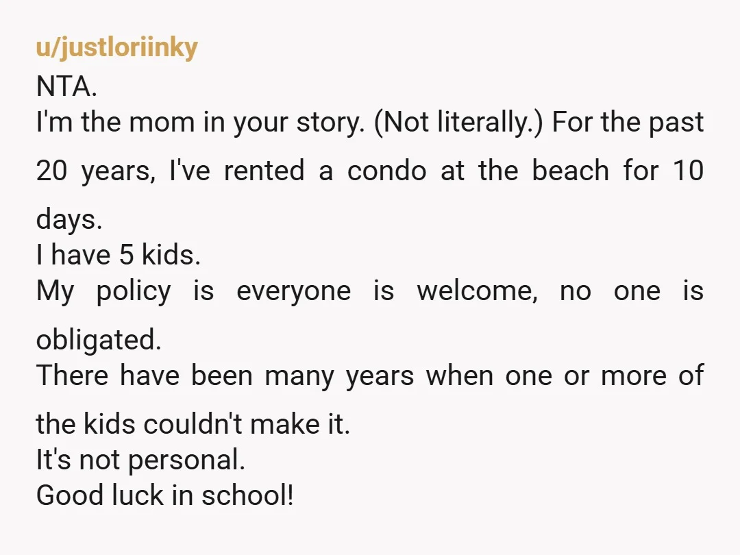 u/justloriinky NTA. I'm the mom in your story. (Not literally.) For the past 20 years, I've rented a condo at the beach for 10 days. I have 5 kids. My...