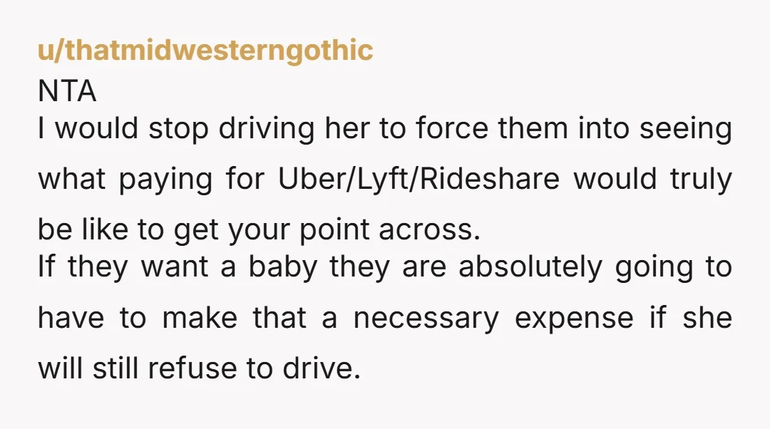 u/AngelaMoore44 YTA. Blind people are parents (they dont drive), people with epilepsy are parents (they cant drive), people with Parkinsons are parents (they cant drive), people on some medications cant...