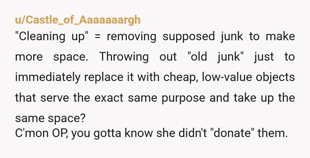 u/Castle_of_Aaaaaaargh "Cleaning up" = removing supposed junk to make more space. Throwing out "old junk" just to immediately replace it with cheap, low-value objects that serve the exact same purpose...
