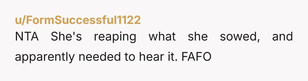 u/FormSuccessful1122 NTA She's reaping what she sowed, and apparently needed to hear it. FAFO