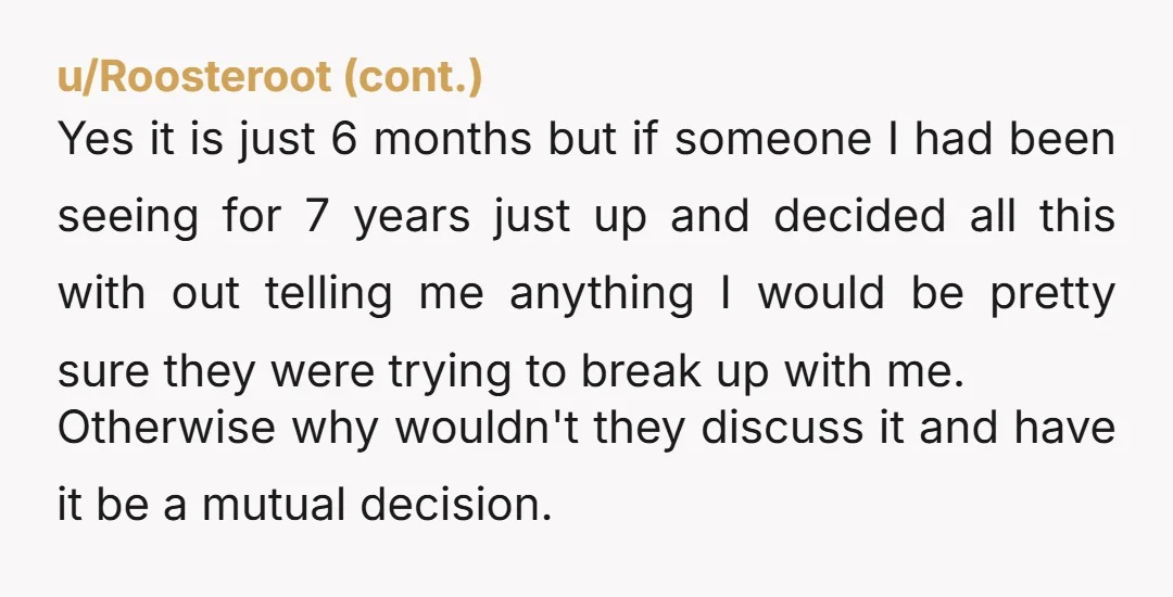 u/Old-Ninja-113 YTA for not telling her until it was decided. You should have been upfront and told her before it was final. Of course it ok to take the 6...