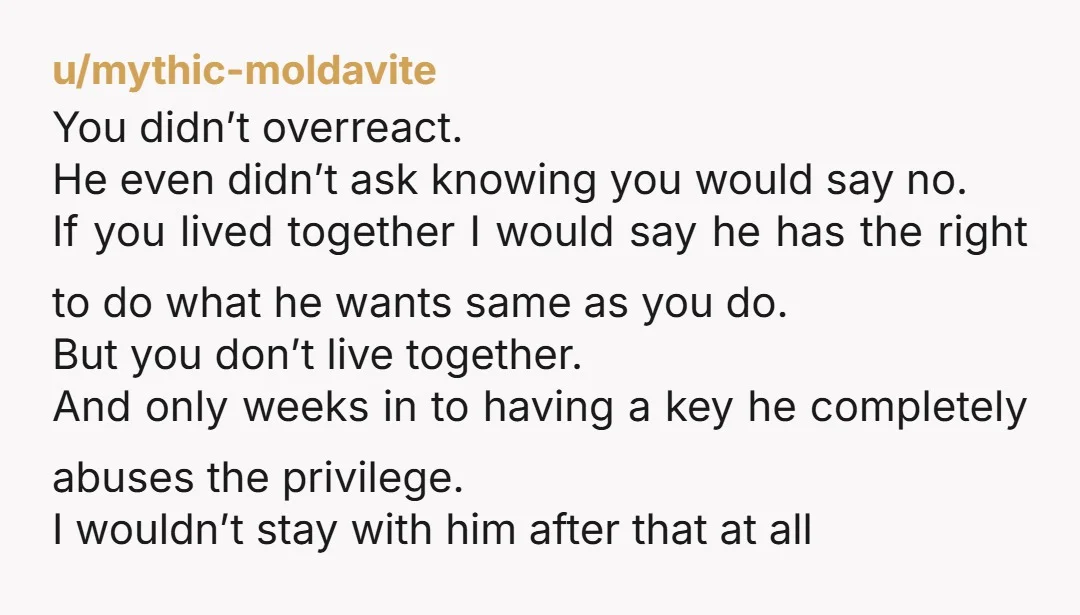 u/mythic-moldavite You didn’t overreact. He even didn’t ask knowing you would say no. If you lived together I would say he has the right to do what he wants same...