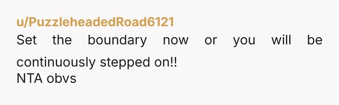 u/PuzzleheadedRoad6121
Set the boundary now or you will be continuously stepped on!!
NTA obvs
