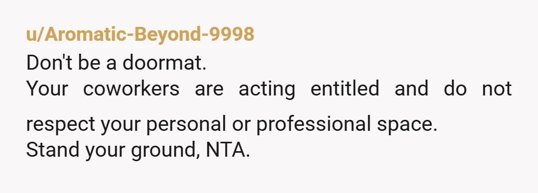 u/Aromatic-Beyond-9998
Don't be a doormat.
Your coworkers are acting entitled and do not respect your personal or professional space.
Stand your ground, NTA.