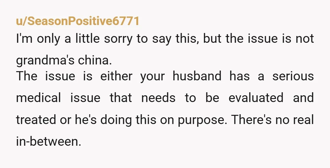 u/SeasonPositive6771 I'm only a little sorry to say this, but the issue is not grandma's china. The issue is either your husband has a serious medical issue that needs to...