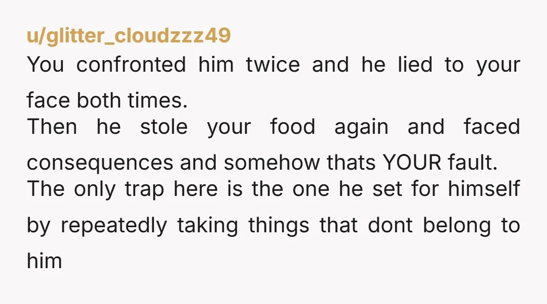 u/glitter_cloudzzz49 You confronted him twice and he lied to your face both times. Then he stole your food again and faced consequences and somehow thats YOUR fault. The only trap...