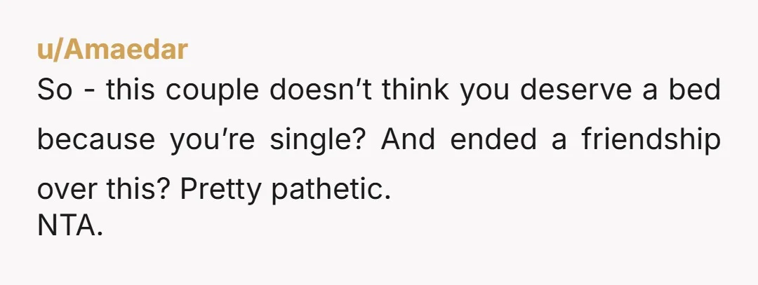 u/Forward-Dingo1431 I think that it's a bit strange that the hosting couple were fine with staying at their parents home if the other couple had joined, but had a problem...