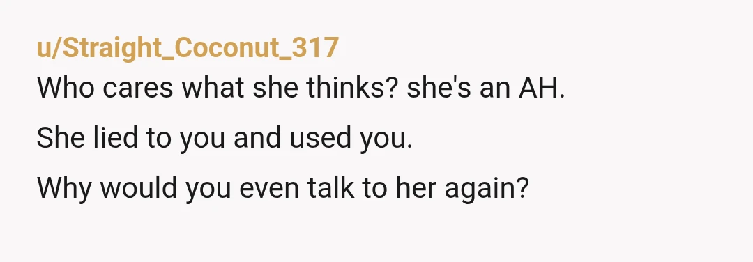 u/Straight_Coconut_317 Who cares what she thinks? she's an AH. She lied to you and used you. Why would you even talk to her again?