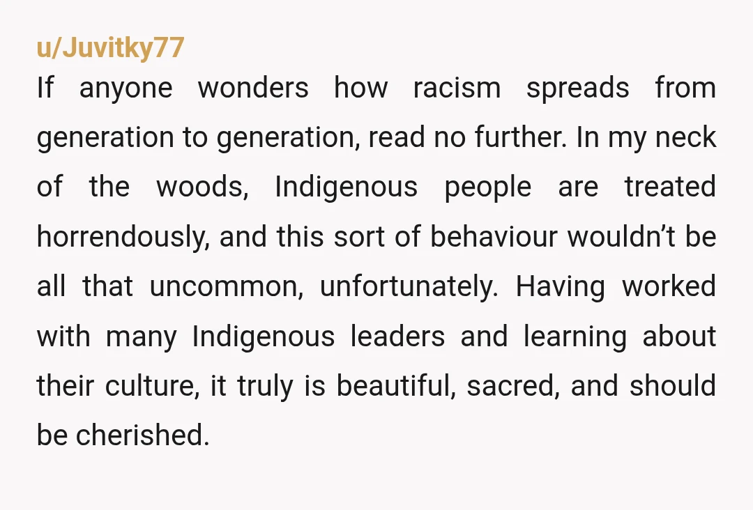 u/Juvitky77 If anyone wonders how racism spreads from generation to generation, read no further. In my neck of the woods, Indigenous people are treated horrendously, and this sort of behaviour...