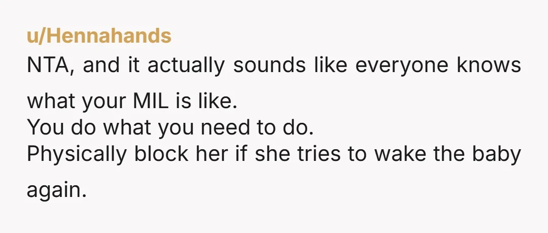 u/Hennahands NTA, and it actually sounds like everyone knows what your MIL is like. You do what you need to do. Physically block her if she tries to wake the...