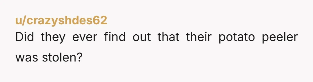 u/crazyshdes62 Did they ever find out that their potato peeler was stolen?