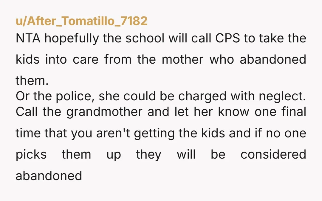 u/After_Tomatillo_7182 NTA hopefully the school will call CPS to take the kids into care from the mother who abandoned them. Or the police, she could be charged with neglect. Call...