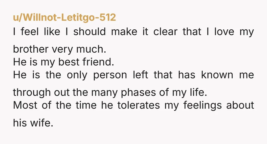 u/Willnot-Letitgo-512 I feel like I should make it clear that I love my brother very much. He is my best friend. He is the only person left that has known...