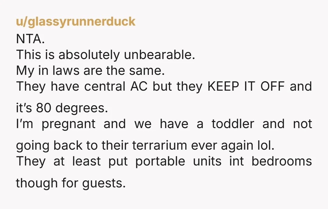 u/glassyrunnerduck NTA. This is absolutely unbearable. My in laws are the same. They have central AC but they KEEP IT OFF and it’s 80 degrees. I’m pregnant and we have...