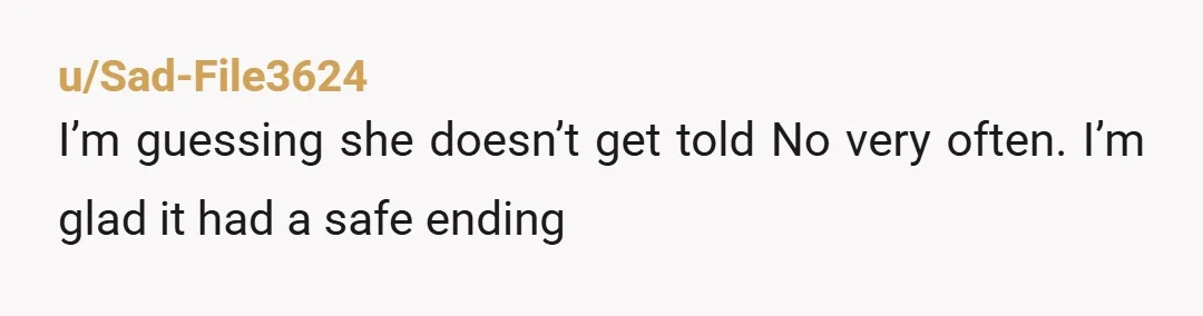 u/Sad-File3624
I’m guessing she doesn’t get told No very often. I’m glad it had a safe ending