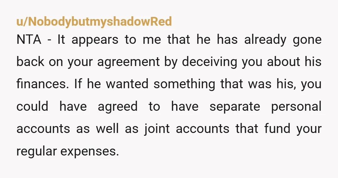 u/NobodybutmyshadowRed NTA - It appears to me that he has already gone back on your agreement by deceiving you about his finances. If he wanted something that was his, you...