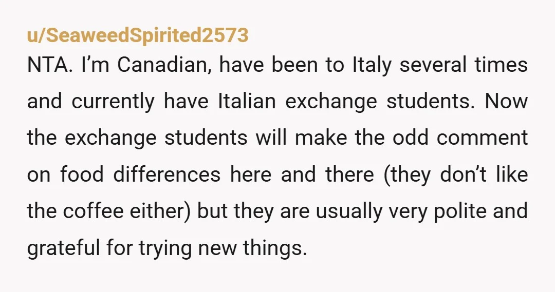 u/SeaweedSpirited2573 NTA. I’m Canadian, have been to Italy several times and currently have Italian exchange students. Now the exchange students will make the odd comment on food differences here and...
