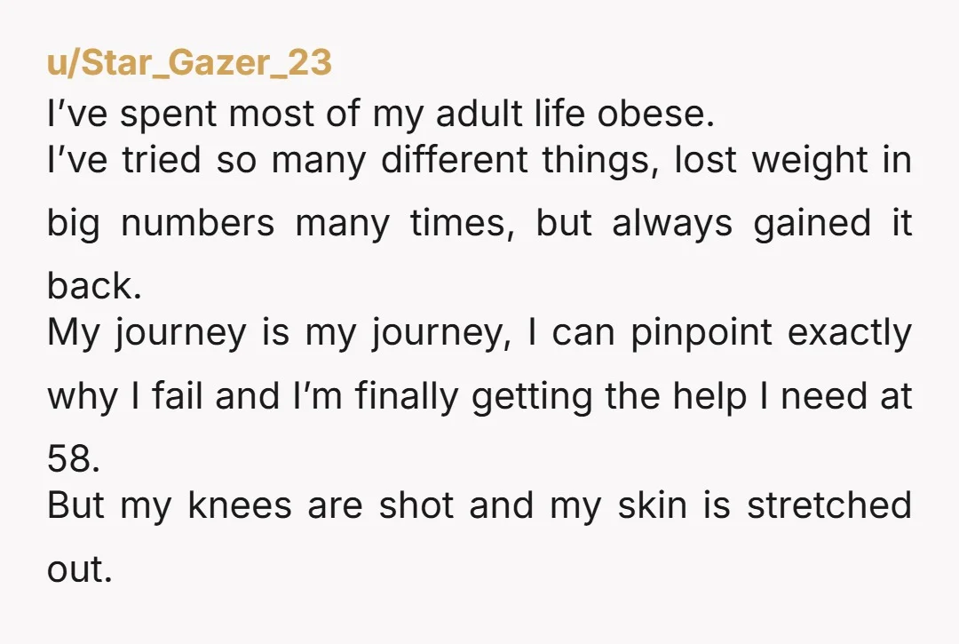 u/Star_Gazer_23 I’ve spent most of my adult life obese. I’ve tried so many different things, lost weight in big numbers many times, but always gained it back. My journey is...