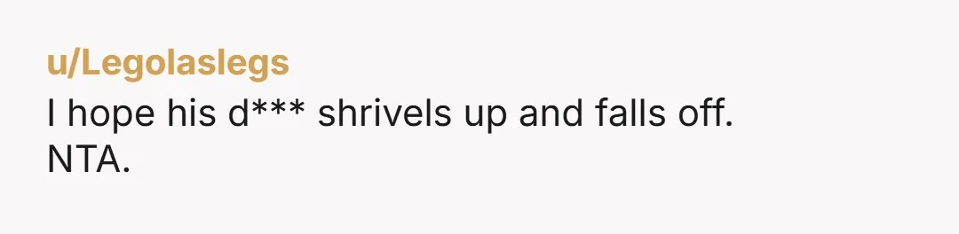 u/Legolaslegs I hope his d*** shrivels up and falls off. NTA.