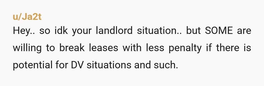 u/Ja2t Hey.. so idk your landlord situation.. but SOME are willing to break leases with less penalty if there is potential for DV situations and such. Try to find ways...