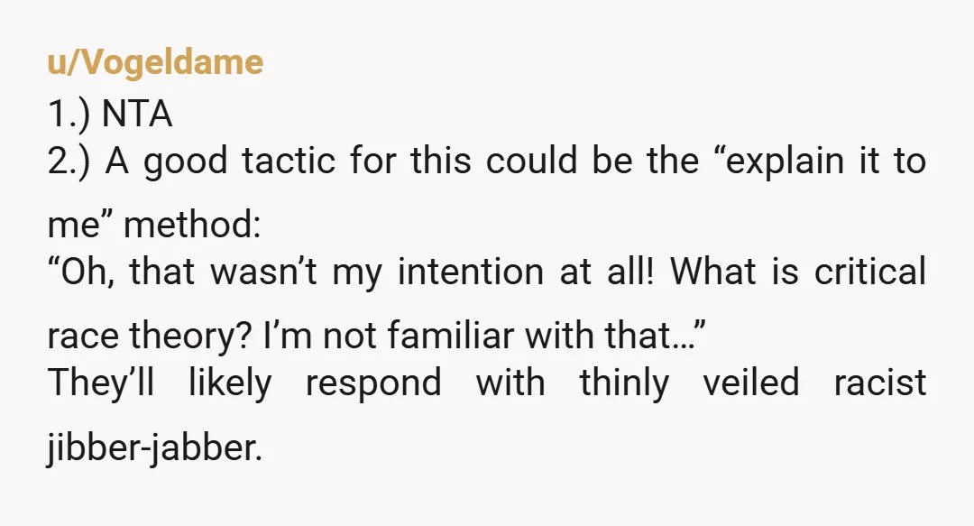 u/Vogeldame 1.) NTA 2.) A good tactic for this could be the “explain it to me” method: “Oh, that wasn’t my intention at all! What is critical race theory? I’m...