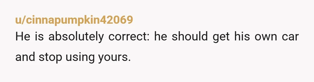 u/cinnapumpkin42069
He is absolutely correct: he should get his own car and stop using yours.