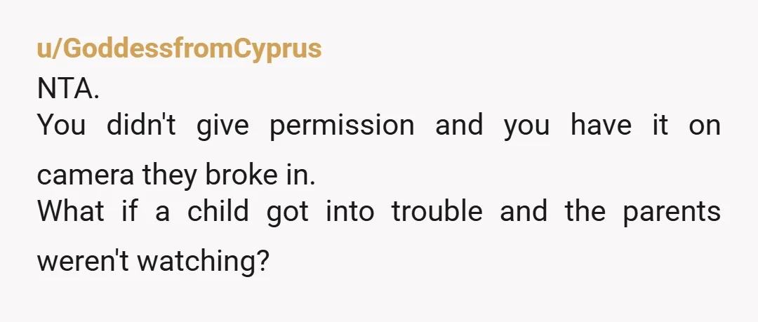 u/GoddessfromCyprus
NTA.
You didn't give permission and you have it on camera they broke in.
What if a child got into trouble and the parents weren't watching?