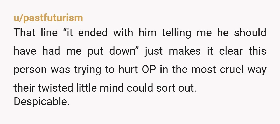 u/pastfuturism That line “it ended with him telling me he should have had me put down” just makes it clear this person was trying to hurt OP in the most...