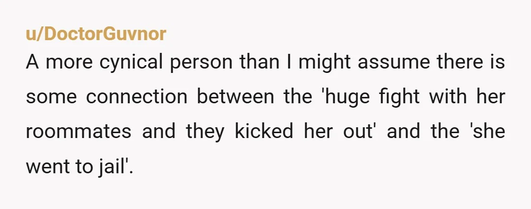 u/DoctorGuvnor A more cynical person than I might assume there is some connection between the 'huge fight with her roommates and they kicked her out' and the 'she went to...