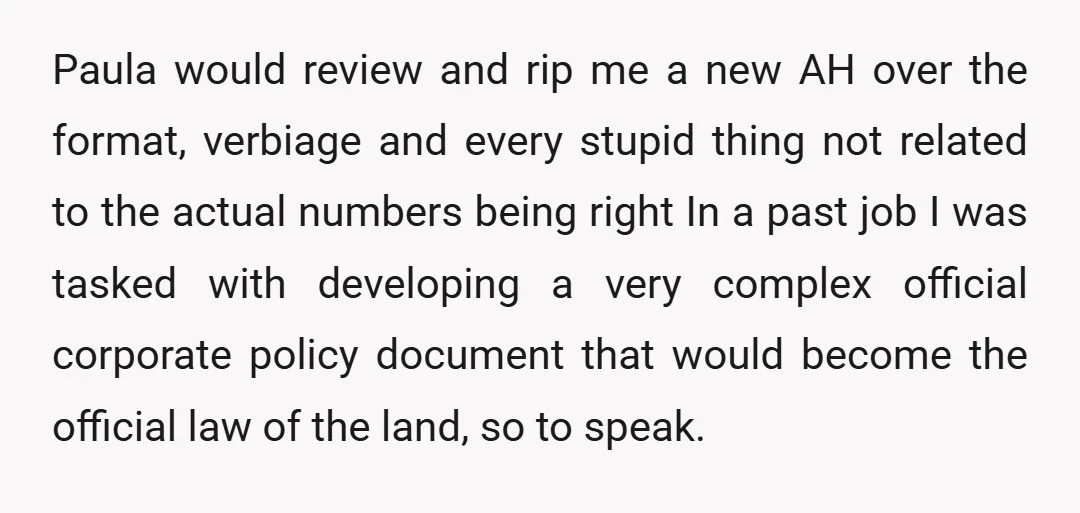 Paula would review and rip me a new AH over the format, verbiage and every stupid thing not related to the actual numbers being right In a past job I...
