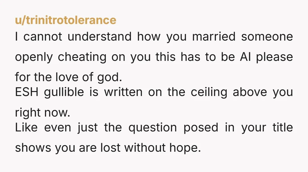 u/trinitrotolerance I cannot understand how you married someone openly cheating on you this has to be AI please for the love of god. ESH gullible is written on the ceiling...