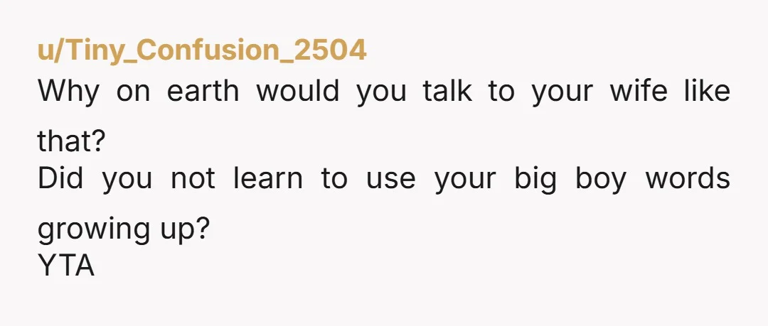 u/CuriousButNotJewish What a disgusting way to talk to a partner, male, female, housewife, househusband, irrelevant. They're your partner, have some respect. YTA for that irrespective of the rest of the...