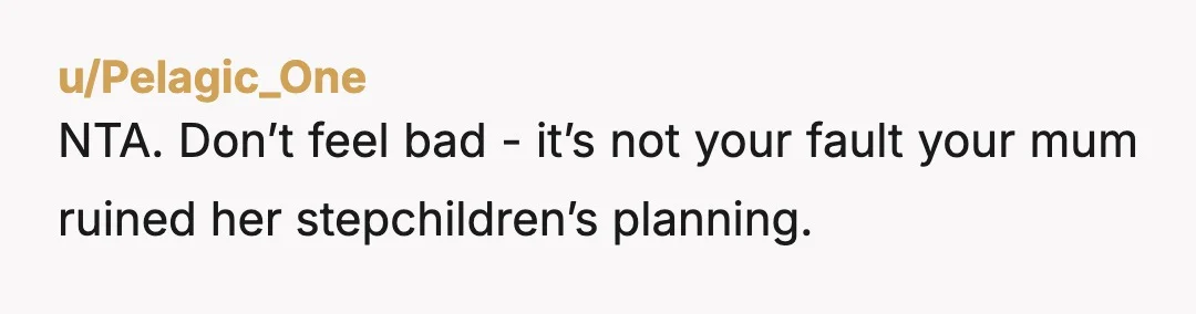 u/Pelagic_One
NTA. Don’t feel bad - it’s not your fault your mum ruined her stepchildren’s planning.